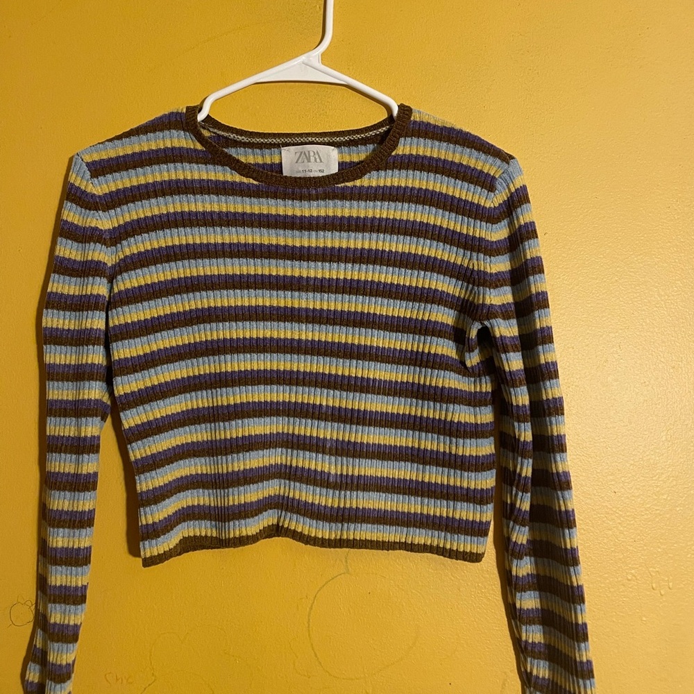 Zara Girls Ribbed Long Sleeve Top with Stripes Size 11-12Y